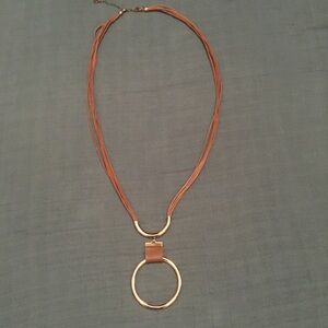 Brown and Gold Tone Circle Pendant Long Sweater Necklace